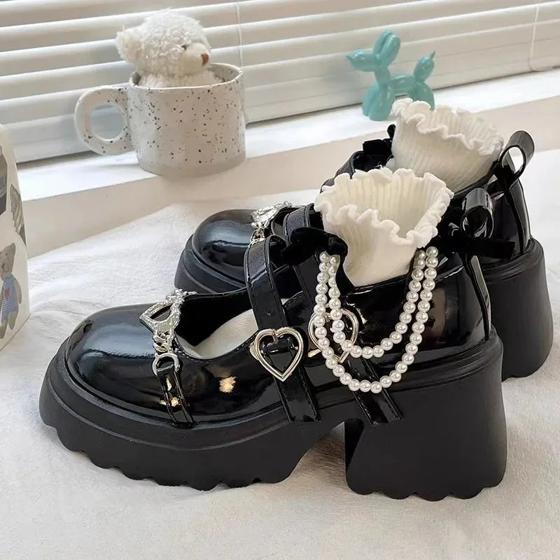 Doce Fivela em Forma de Coração Lolita Sapatos Mulheres Plataforma de Couro Envernizado Mary Janes.